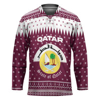 Qatar Christmas Hockey Jersey with Maroon-White Design, National Emblem, and Camel Motif - Wonder Print Shop