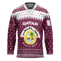 Qatar Christmas Hockey Jersey with Maroon-White Design, National Emblem, and Camel Motif - Wonder Print Shop