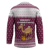 Qatar Christmas Hockey Jersey with Maroon-White Design, National Emblem, and Camel Motif - Wonder Print Shop
