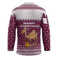 Qatar Christmas Hockey Jersey with Maroon-White Design, National Emblem, and Camel Motif - Wonder Print Shop