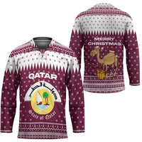 Qatar Christmas Hockey Jersey with Maroon-White Design, National Emblem, and Camel Motif - Wonder Print Shop