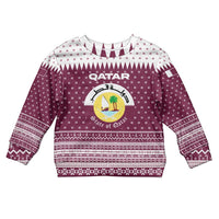 Qatar Christmas Kid Ugly Christmas Sweater with Maroon-White Design, National Emblem, and Camel Motif - Wonder Print Shop