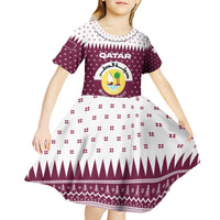 Qatar Christmas Kid Short Sleeve Dress with Maroon-White Design, National Emblem, and Camel Motif - Wonder Print Shop