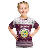 Qatar Christmas Kid T Shirt with Maroon-White Design, National Emblem, and Camel Motif - Wonder Print Shop