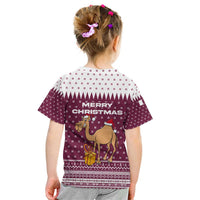 Qatar Christmas Kid T Shirt with Maroon-White Design, National Emblem, and Camel Motif - Wonder Print Shop
