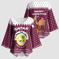 Qatar Christmas Kimono Sleeve Blouse with Maroon-White Design, National Emblem, and Camel Motif - Wonder Print Shop