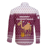 Qatar Christmas Long Sleeve Button Shirt with Maroon-White Design, National Emblem, and Camel Motif - Wonder Print Shop