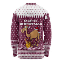 Qatar Christmas Long Sleeve Shirt with Maroon-White Design, National Emblem, and Camel Motif - Wonder Print Shop