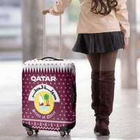 Qatar Christmas Luggage Cover with Maroon-White Design, National Emblem, and Camel Motif - Wonder Print Shop