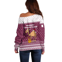 Qatar Christmas Off Shoulder Sweater with Maroon-White Design, National Emblem, and Camel Motif - Wonder Print Shop