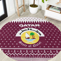 Qatar Christmas Round Carpet with Maroon-White Design, National Emblem, and Camel Motif - Wonder Print Shop