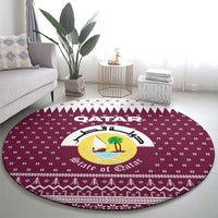 Qatar Christmas Round Carpet with Maroon-White Design, National Emblem, and Camel Motif - Wonder Print Shop