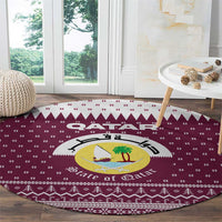Qatar Christmas Round Carpet with Maroon-White Design, National Emblem, and Camel Motif - Wonder Print Shop