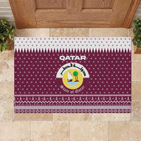 Qatar Christmas Rubber Doormat with Maroon-White Design, National Emblem, and Camel Motif - Wonder Print Shop