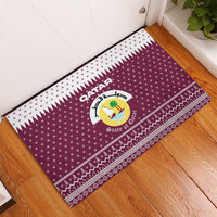 Qatar Christmas Rubber Doormat with Maroon-White Design, National Emblem, and Camel Motif - Wonder Print Shop