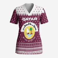 Qatar Christmas Scrub Top with Maroon-White Design, National Emblem, and Camel Motif - Wonder Print Shop