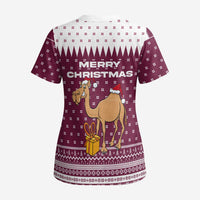 Qatar Christmas Scrub Top with Maroon-White Design, National Emblem, and Camel Motif - Wonder Print Shop