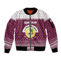 Qatar Christmas Sleeve Zip Bomber Jacket with Maroon-White Design, National Emblem, and Camel Motif - Wonder Print Shop