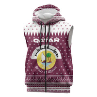 Qatar Christmas Sleeveless Zip Hoodie with Maroon-White Design, National Emblem, and Camel Motif - Wonder Print Shop
