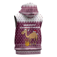 Qatar Christmas Sleeveless Zip Hoodie with Maroon-White Design, National Emblem, and Camel Motif - Wonder Print Shop