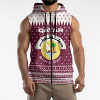 Qatar Christmas Sleeveless Zip Hoodie with Maroon-White Design, National Emblem, and Camel Motif - Wonder Print Shop