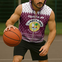 Qatar Christmas Sleeveless Zip Hoodie with Maroon-White Design, National Emblem, and Camel Motif - Wonder Print Shop