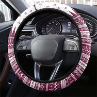 Qatar Christmas Steering Wheel Cover with Maroon-White Design, National Emblem, and Camel Motif - Wonder Print Shop