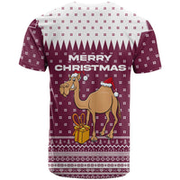 Qatar Christmas T Shirt with Maroon-White Design, National Emblem, and Camel Motif - Wonder Print Shop