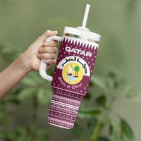 Qatar Christmas Tumbler With Handle with Maroon-White Design, National Emblem, and Camel Motif - Wonder Print Shop