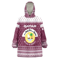 Qatar Christmas Wearable Blanket Hoodie with Maroon-White Design, National Emblem, and Camel Motif - Wonder Print Shop