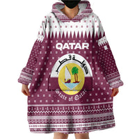 Qatar Christmas Wearable Blanket Hoodie with Maroon-White Design, National Emblem, and Camel Motif - Wonder Print Shop