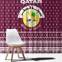 Qatar Christmas Window Curtain with Maroon-White Design, National Emblem, and Camel Motif - Wonder Print Shop