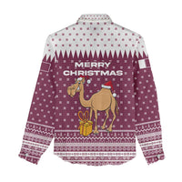 Qatar Christmas Women Casual Shirt with Maroon-White Design, National Emblem, and Camel Motif - Wonder Print Shop