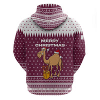 Qatar Christmas Zip Hoodie with Maroon-White Design, National Emblem, and Camel Motif - Wonder Print Shop