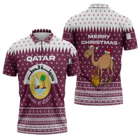 Qatar Christmas Zipper Polo Shirt with Maroon-White Design, National Emblem, and Camel Motif - Wonder Print Shop