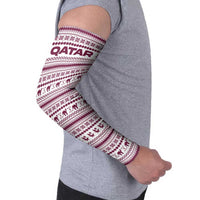 Qatar Christmas Arm Sleeves with Maroon-White Pattern, National Emblem, and Camel Motif - Wonder Print Shop
