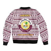 Qatar Christmas Bomber Jacket with Maroon-White Pattern, National Emblem, and Camel Motif - Wonder Print Shop