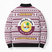 Qatar Christmas Bomber Puffer Jacket with Maroon-White Pattern, National Emblem, and Camel Motif - Wonder Print Shop