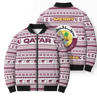 Qatar Christmas Bomber Puffer Jacket with Maroon-White Pattern, National Emblem, and Camel Motif - Wonder Print Shop
