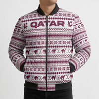 Qatar Christmas Bomber Puffer Jacket with Maroon-White Pattern, National Emblem, and Camel Motif - Wonder Print Shop
