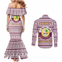 Qatar Christmas Couples Matching Mermaid Dress and Long Sleeve Button Shirt with Maroon-White Pattern, National Emblem, and Camel Motif - Wonder Print Shop