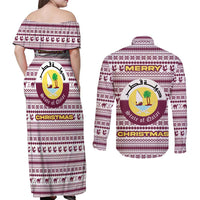 Qatar Christmas Couples Matching Off Shoulder Maxi Dress and Long Sleeve Button Shirt with Maroon-White Pattern, National Emblem, and Camel Motif - Wonder Print Shop