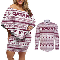 Qatar Christmas Couples Matching Off Shoulder Short Dress and Long Sleeve Button Shirt with Maroon-White Pattern, National Emblem, and Camel Motif - Wonder Print Shop