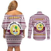 Qatar Christmas Couples Matching Off Shoulder Short Dress and Long Sleeve Button Shirt with Maroon-White Pattern, National Emblem, and Camel Motif - Wonder Print Shop