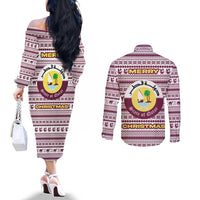 Qatar Christmas Couples Matching Off The Shoulder Long Sleeve Dress and Long Sleeve Button Shirt with Maroon-White Pattern, National Emblem, and Camel Motif - Wonder Print Shop