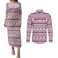 Qatar Christmas Couples Matching Puletasi and Long Sleeve Button Shirt with Maroon-White Pattern, National Emblem, and Camel Motif - Wonder Print Shop