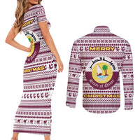 Qatar Christmas Couples Matching Short Sleeve Bodycon Dress and Long Sleeve Button Shirt with Maroon-White Pattern, National Emblem, and Camel Motif - Wonder Print Shop