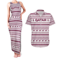 Qatar Christmas Couples Matching Tank Maxi Dress and Hawaiian Shirt with Maroon-White Pattern, National Emblem, and Camel Motif - Wonder Print Shop