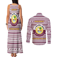 Qatar Christmas Couples Matching Tank Maxi Dress and Long Sleeve Button Shirt with Maroon-White Pattern, National Emblem, and Camel Motif - Wonder Print Shop