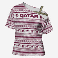 Qatar Christmas Cross Shoulder Shirt with Maroon-White Pattern, National Emblem, and Camel Motif - Wonder Print Shop